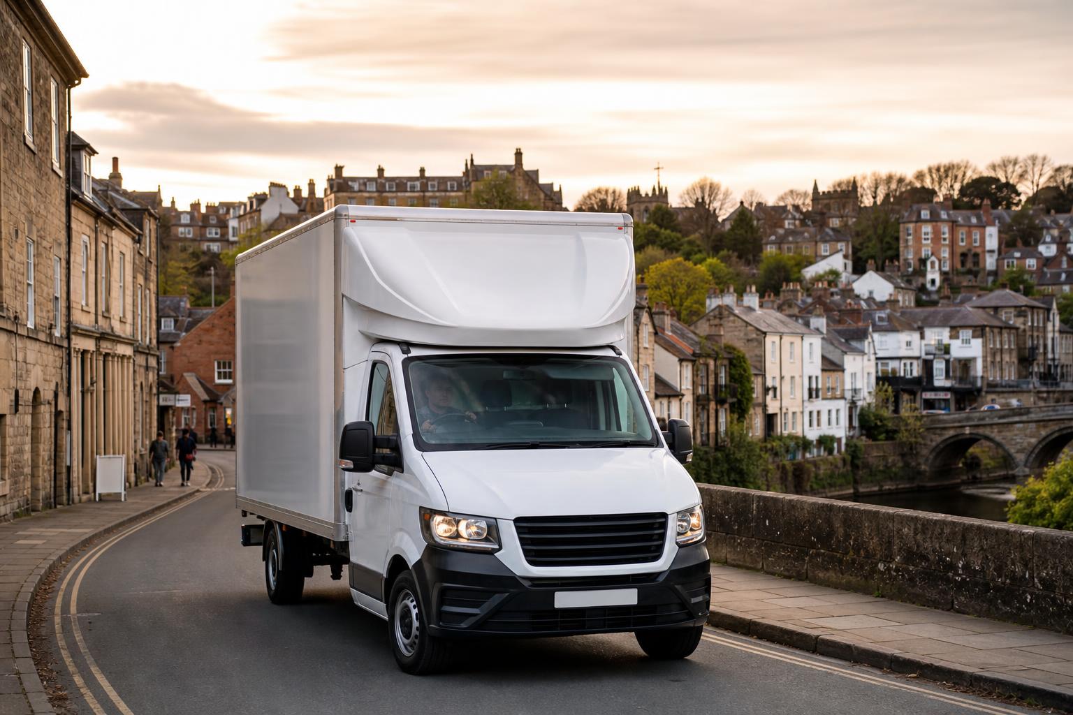 White Luton box van travelling through a scenic Knaresborough-style town setting.
